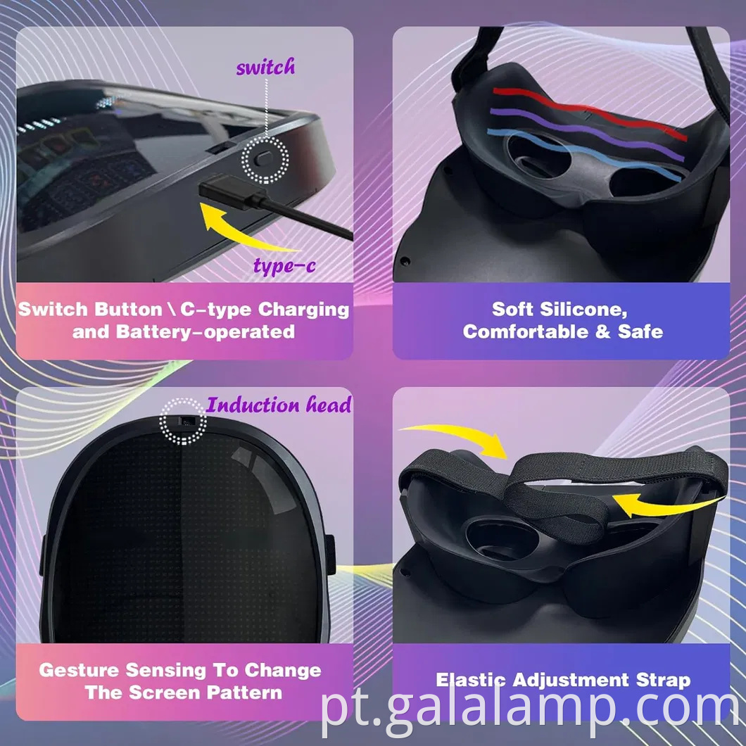 Máscara de LED compatível com Bluetooth personalizável com controle de aplicativo recarregável